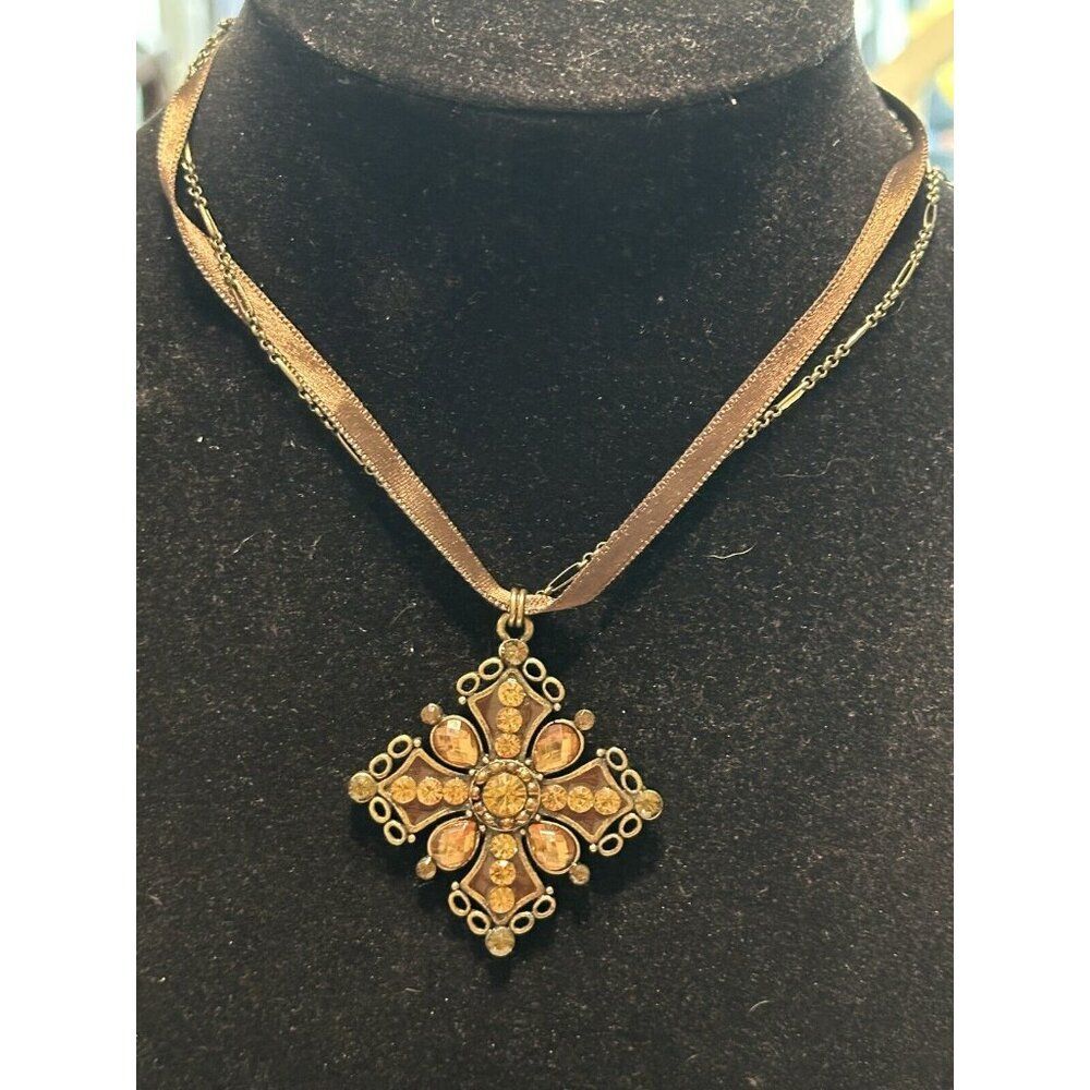 Cookie Lee Bronze Rhinestone Encrusted Medallion Pendant Necklace 18-22” Ribbon